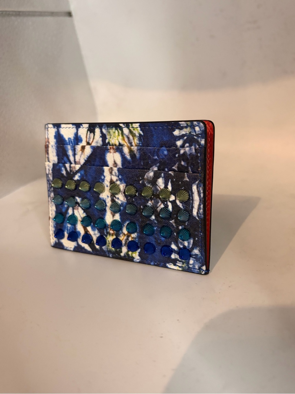 Christian Louboutin Kios Blue Tie-Dye Spiked Leather Cardholder - NWOT